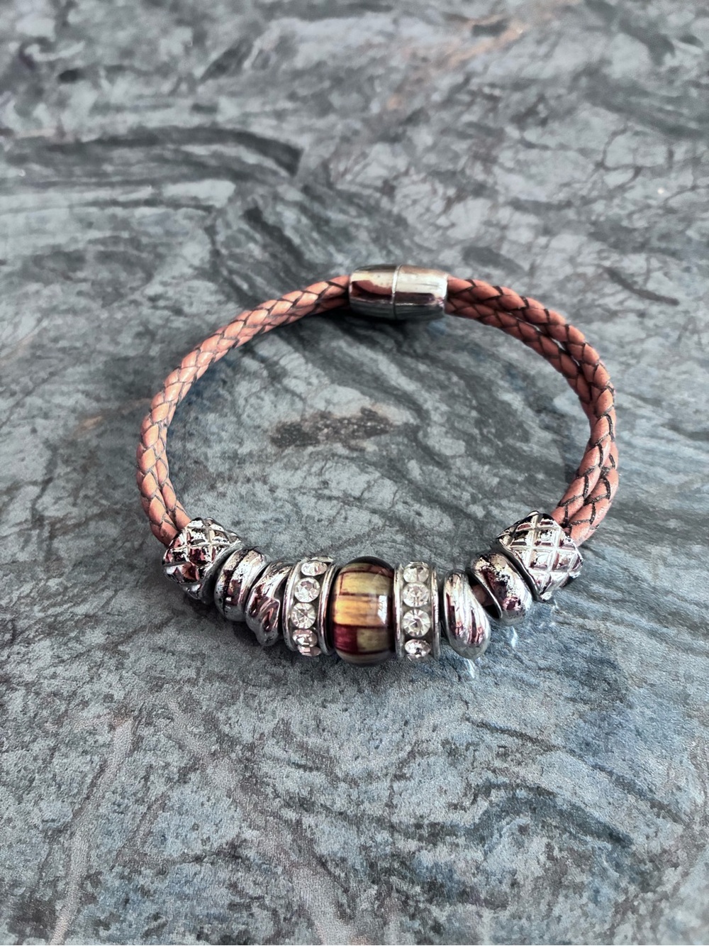 Artisan Designed Woven Leather Bracelet with silver and crystal beads:slides